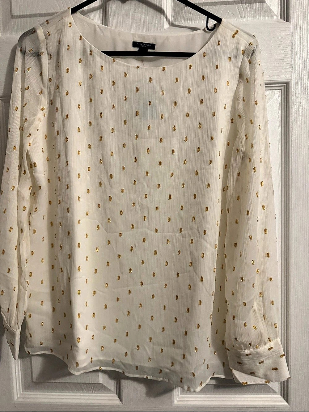 Ann Taylor Polka Dot Blouse in White & Gold Size Medium Like New